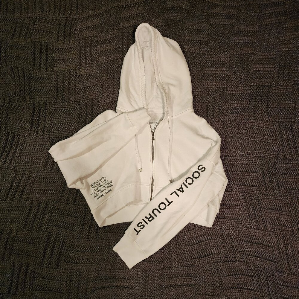 Social Tourist, Cropped Zip Up Hoodie, White w/ Black Lettering, M
